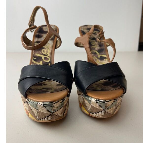 NWOB Sam Edelman Boho Woven Platform Sandals – Black & Tan Strappy Heels 6M - Picture 4 of 7
